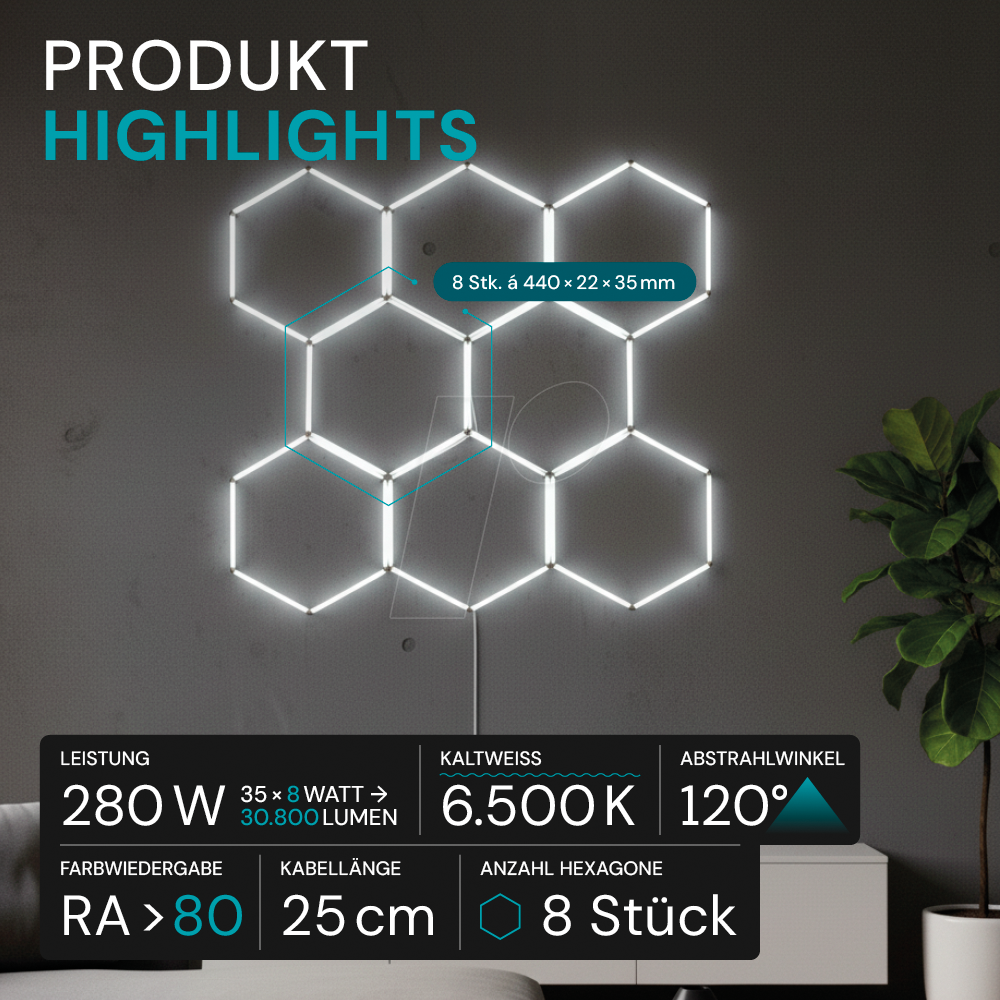 LUXULA LX300332 - Deckenleuchte HexaForm, 8er, 6500K (KW