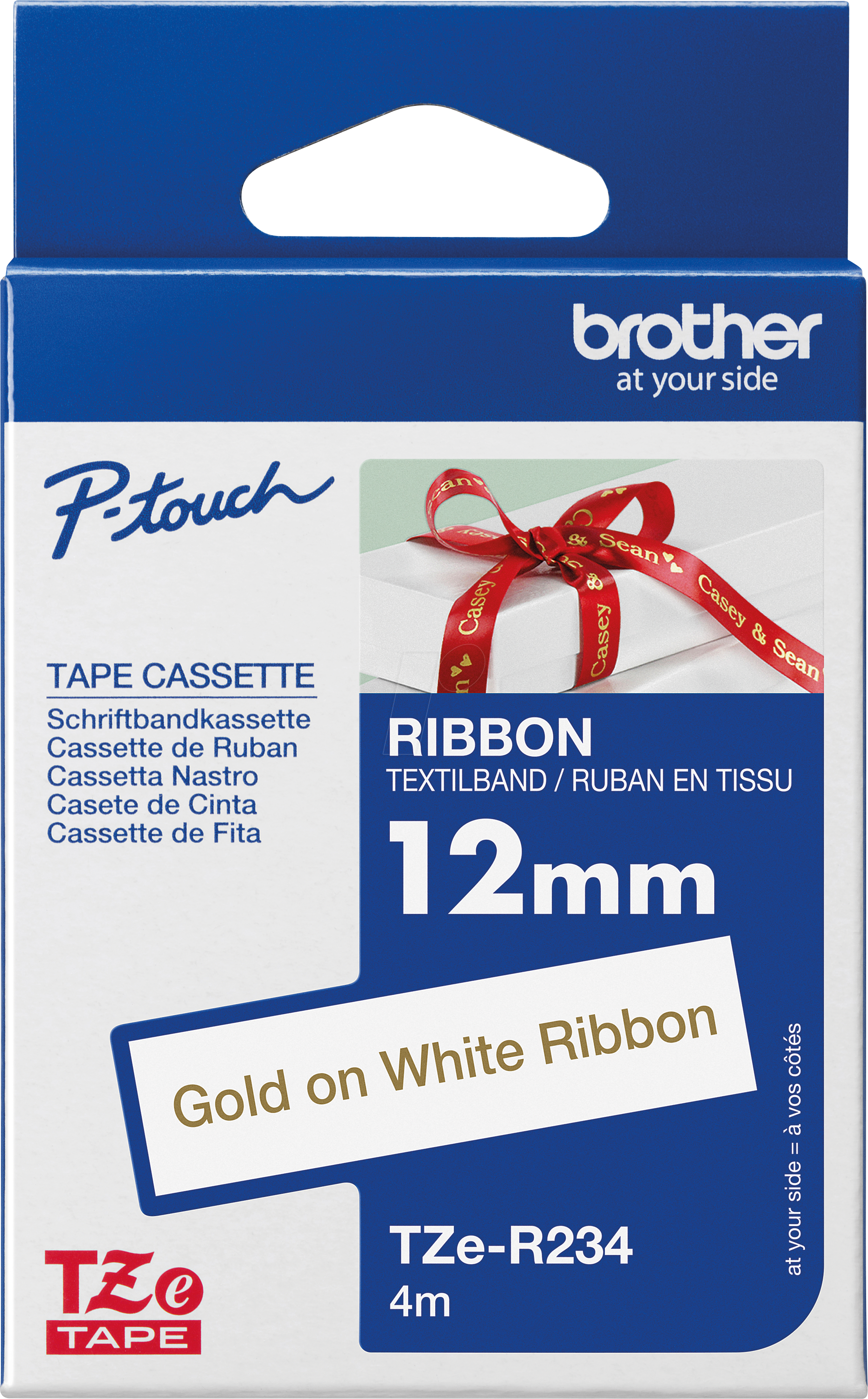 P-TOUCH TZER234 - textiles Schriftband, gold auf weiß, 12mm