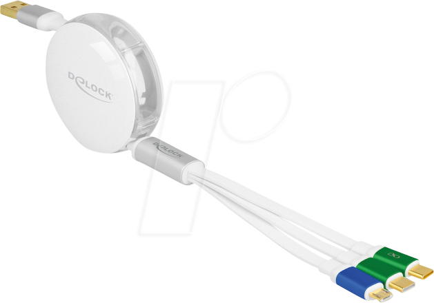 DELOCK 85358 - Ladekabel, 3in1, A zu 1x Micro-B, 2x C, aufroll, weiß, 1,13 m
