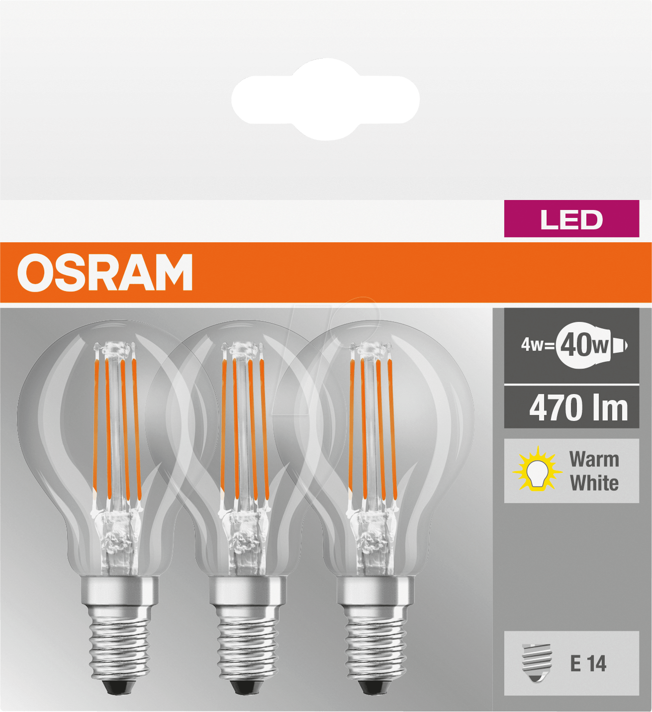 Thumbnail - OSR 405807581933 - LED-Lampe BASE E14, 4,5 W, 470 lm, 2700 K, Filament, 3er-Pack