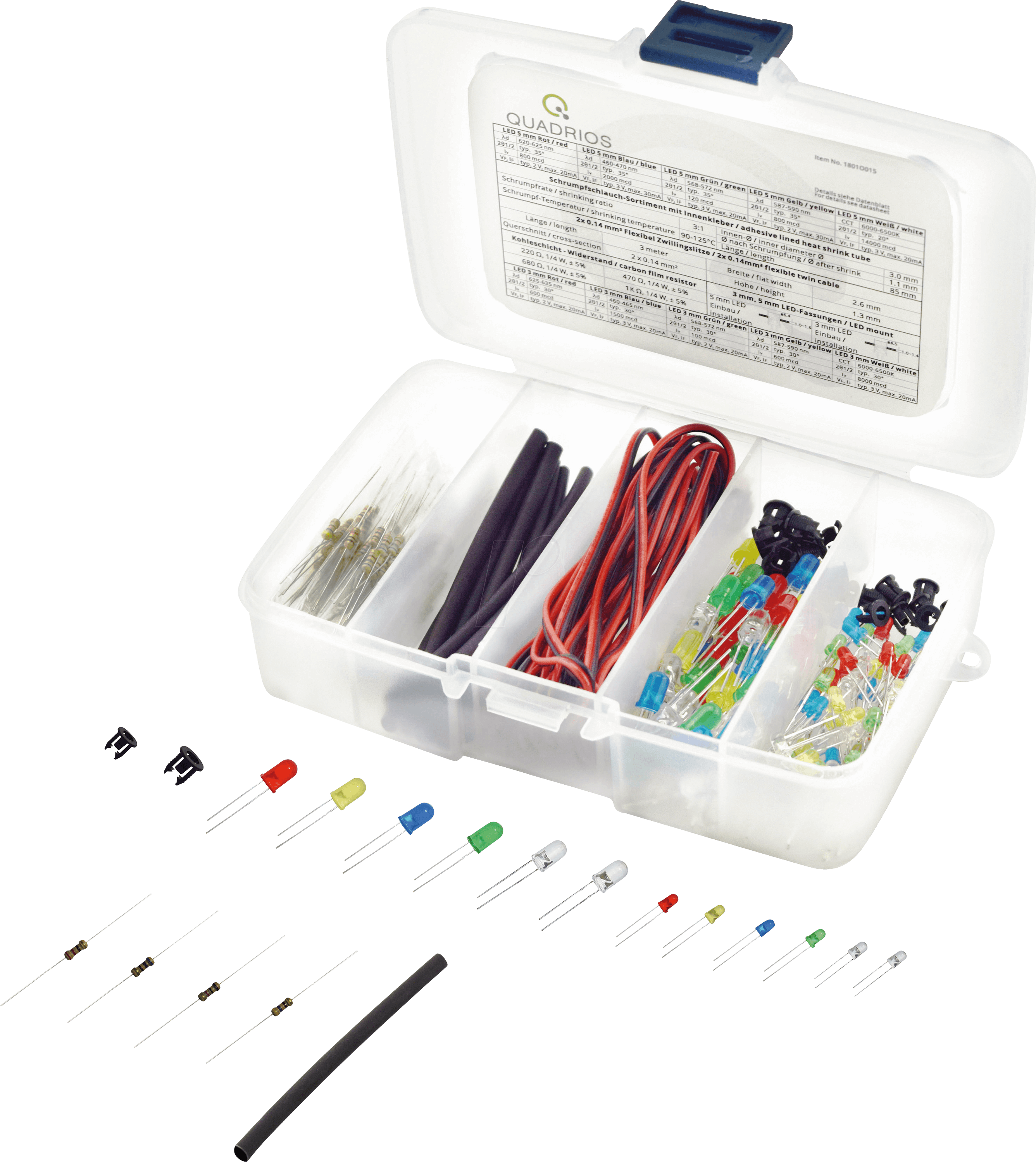 QUAD 1802O015 - LED-Sortiment 3 mm und 5 mm + Fassungen, Schrumpfschlauch etc.