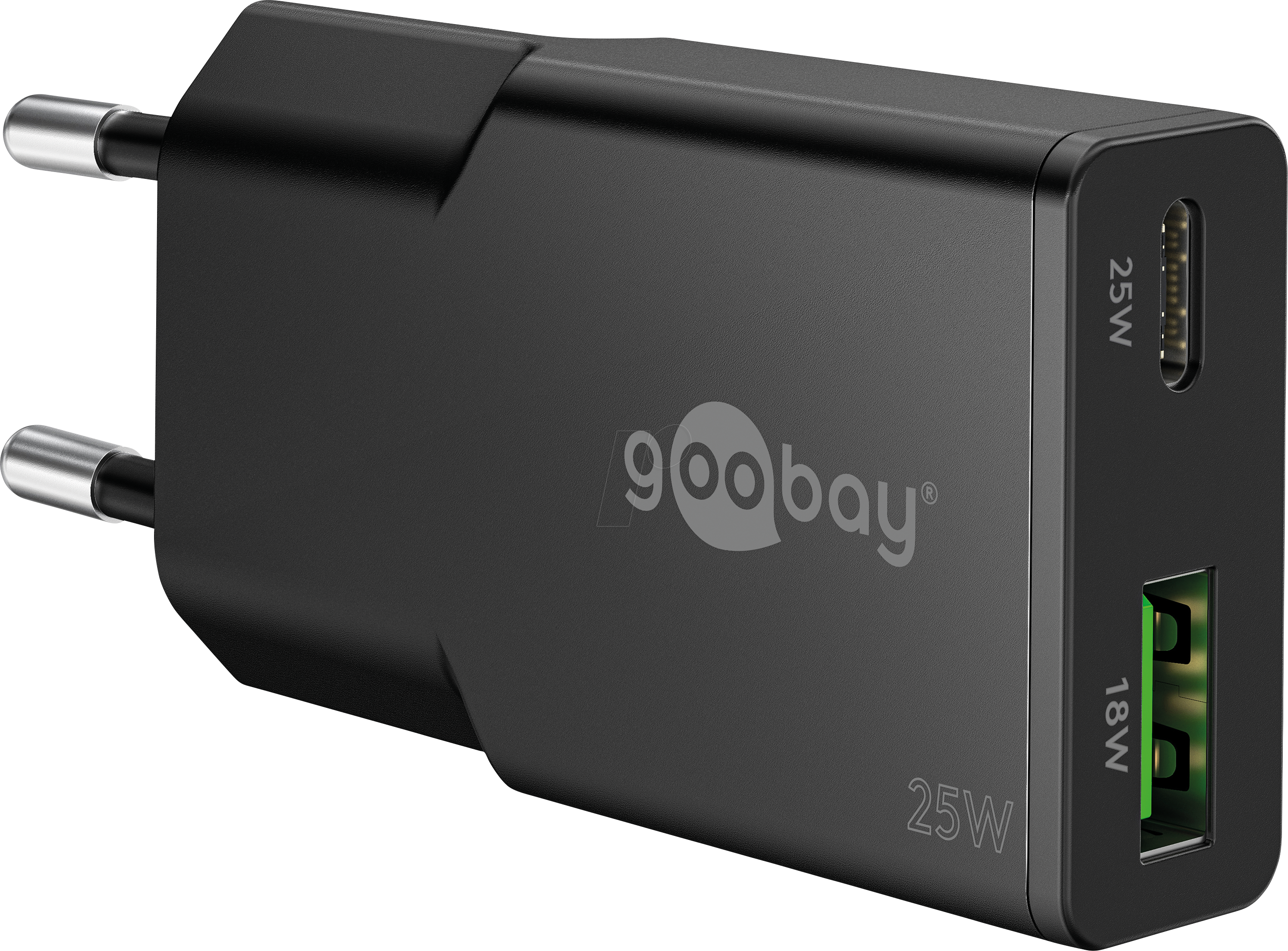 GOOBAY 75733 - USB-Ladegerät dual, 25 W, 1x USB-C PD 1x USB-A QC, GaN, schwarz