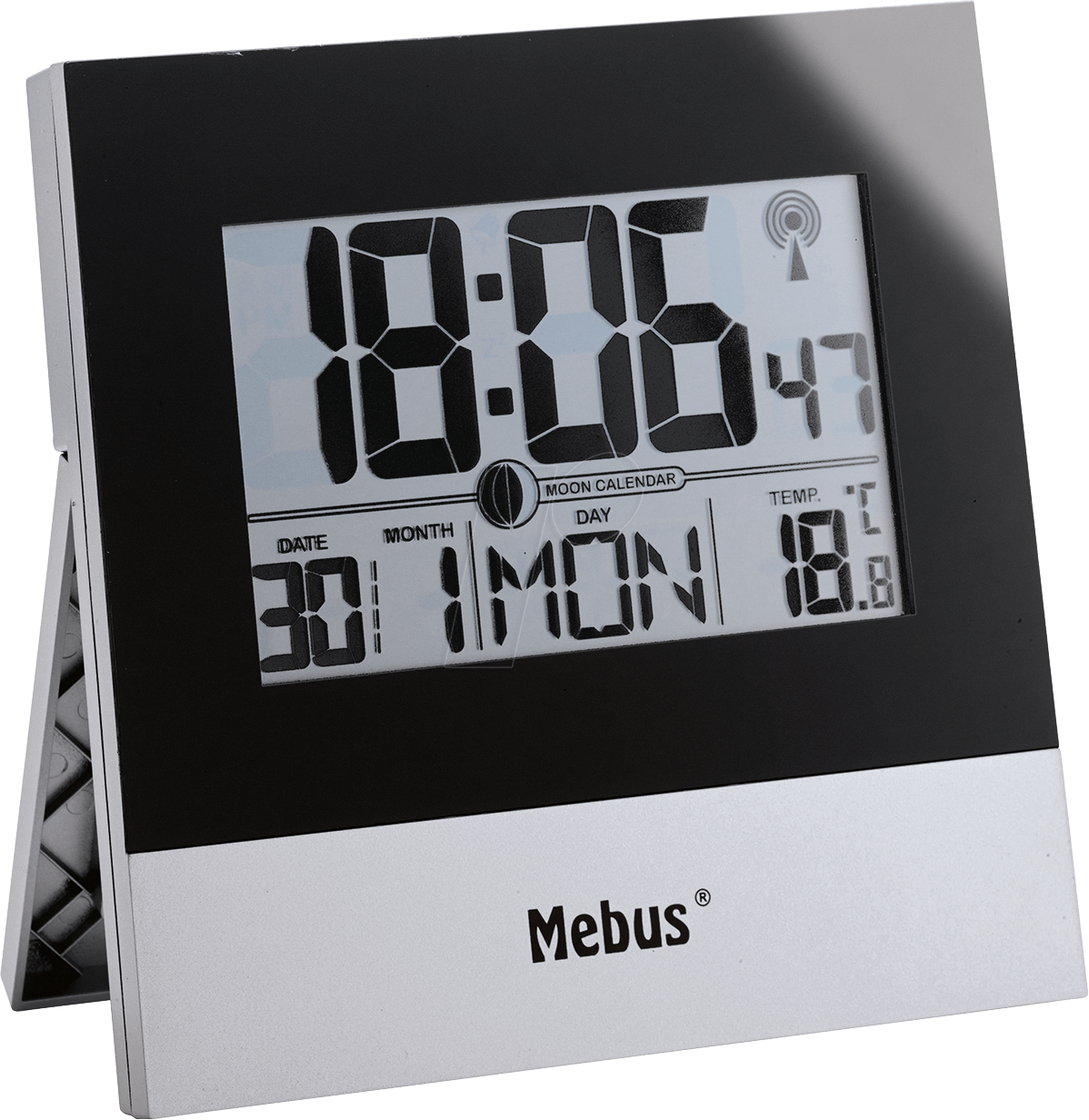 MEBUS 41787 - Funk-Wanduhr, digital, Kalender, Temperatur, silber/schwarz