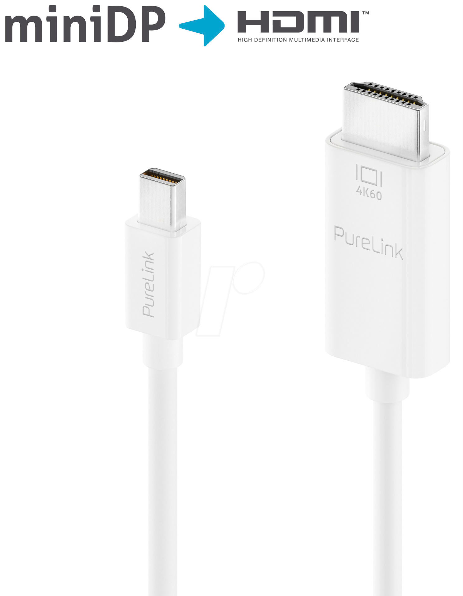 PURE IS2100-020 - Displayport 1.2 Kabel, mini DP-HDMI, 4K60Hz, weiß, 2,0 m