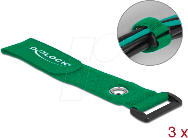 DELOCK 19553 - Klett-Kabelbinder mit Schlaufe und Öse L 280 x B 38 mm grün 3 St
