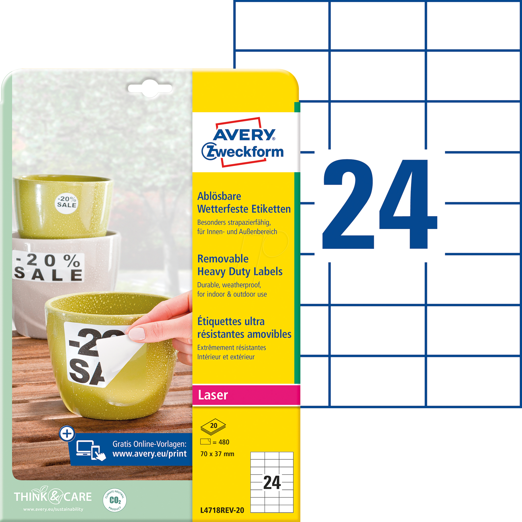 AVZ L4718REV-20 - Folien-Etiketten, wasserfest, eckig, 70 x 37 mm, 480 Stück, weiß