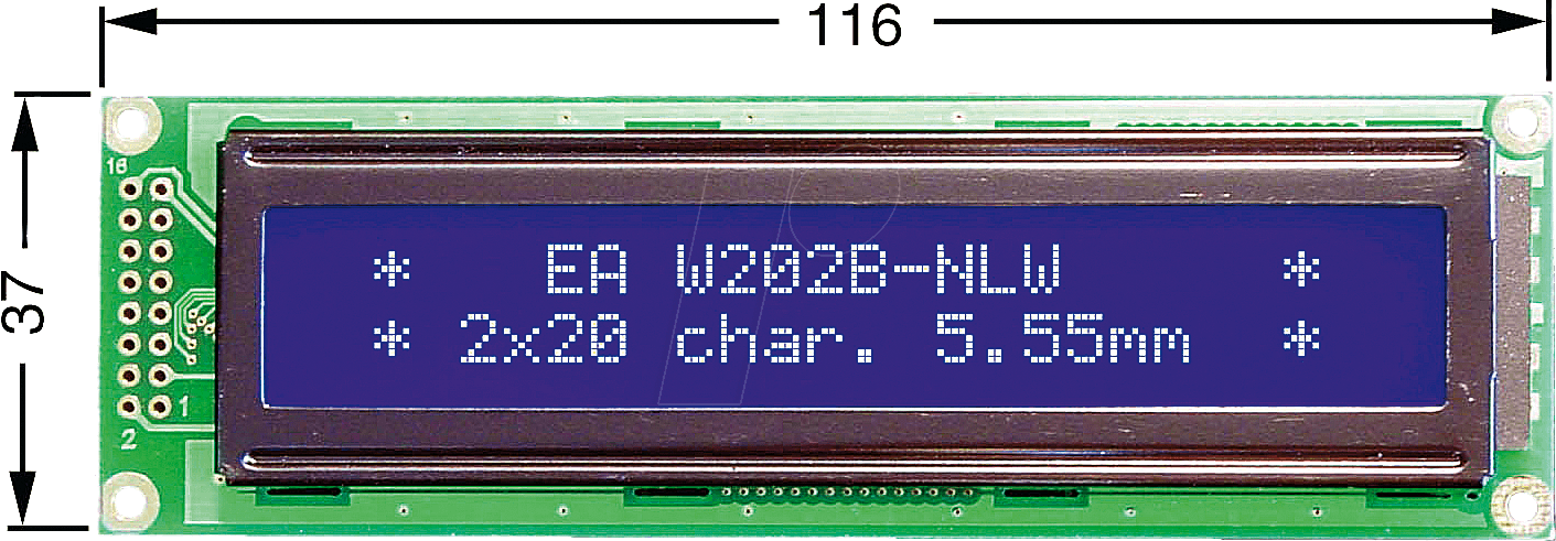 LCD 202A BL - LCD-Modul, 2x20, H:5,6mm, bl/ws, m.Bel.
