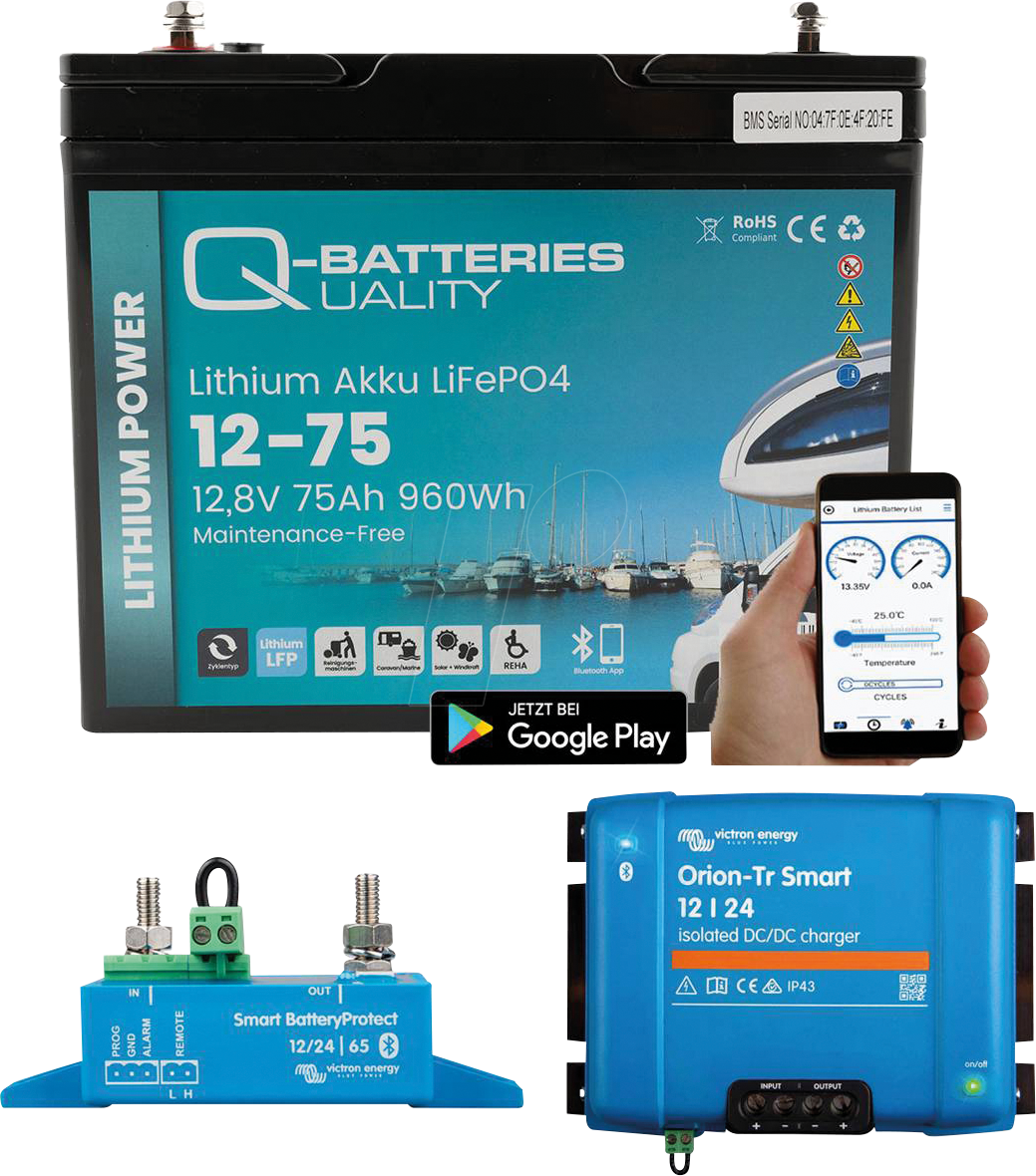 VE Q-BAT 75AH - Lithium-Akku, LiFePO4, 12,8 V, 75 Ah + Victron Orion-TR12/12-10A