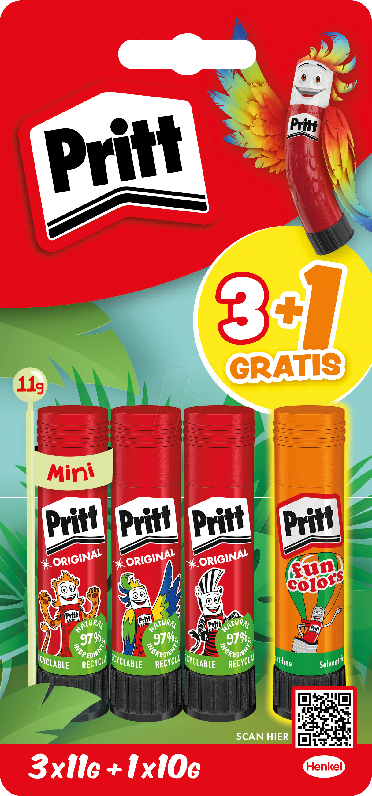 PRITT 9HPBS4B - Klebestift, das Original, 3x 11g, 1x 10g orange