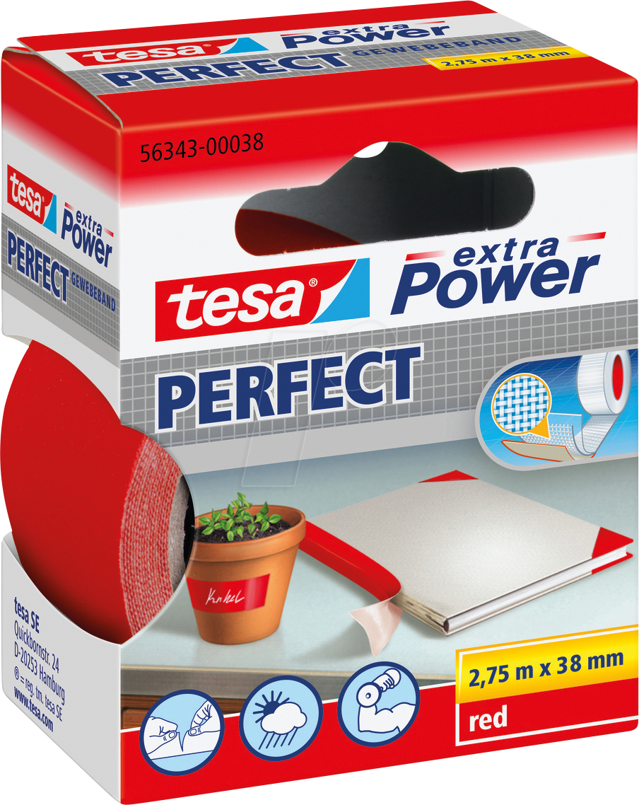 TESA 56343 RT - Gewebeband tesa extra Power® Perfect, 2,75 m x 38 mm, rot