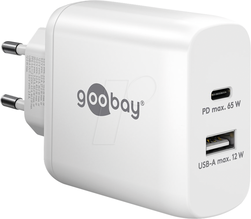 GOOBAY 65410 - USB-Ladegerät, 65 W, 1x USB-A, 1x USB-C (PD), GaN, weiß