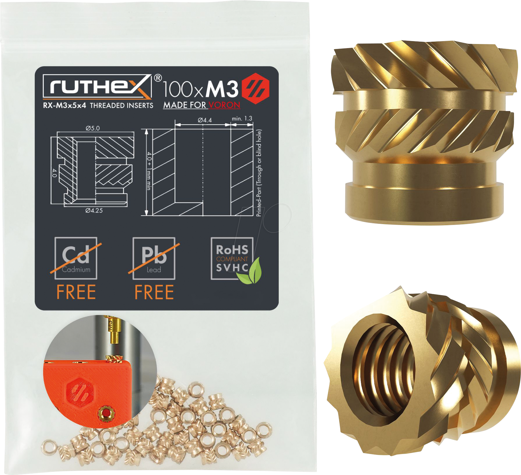 RX-M3X5X4 - 3D Druck, Gewindeeinsätze, VORON, M3, 100 Stück