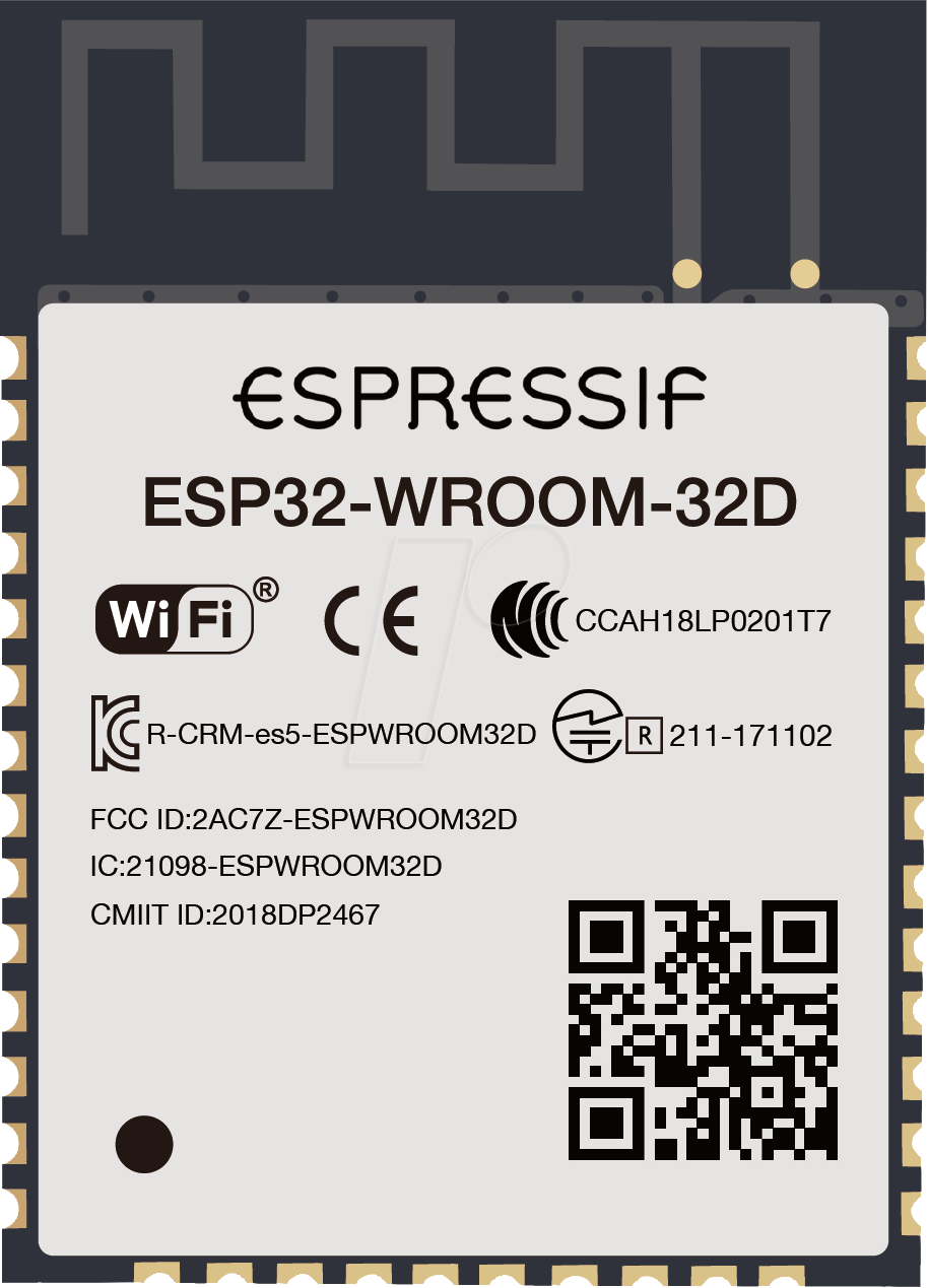 ESP32WROOM32D - WIFI-SMD-Modul, ESP32-D0WD, 4 MB SPI, 3,3 V, 18 x 25.5 x 3.2 mm