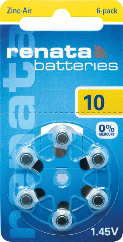 RENATA AIR 10 - Hörgerätebatterie, Zink-Luft, 5,8 x 3,6 mm, Aid 10, 6er-Pack