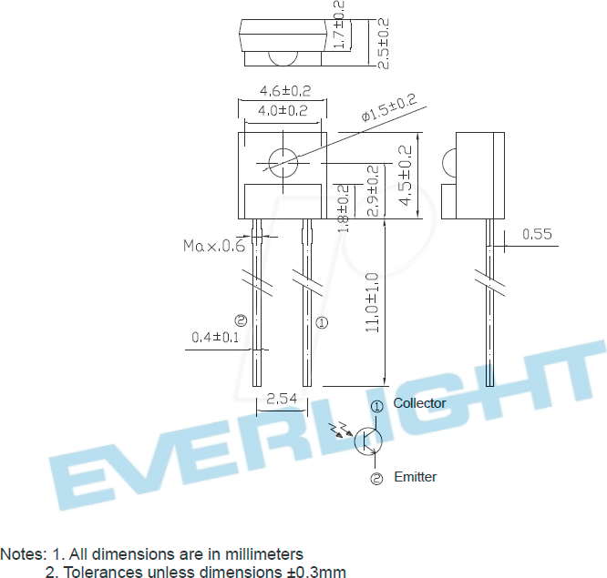 Thumbnail - PT928-6C-F EVL - Sidelooker Phototransistor , NPN, 450...1100nm, RM 2,5mm