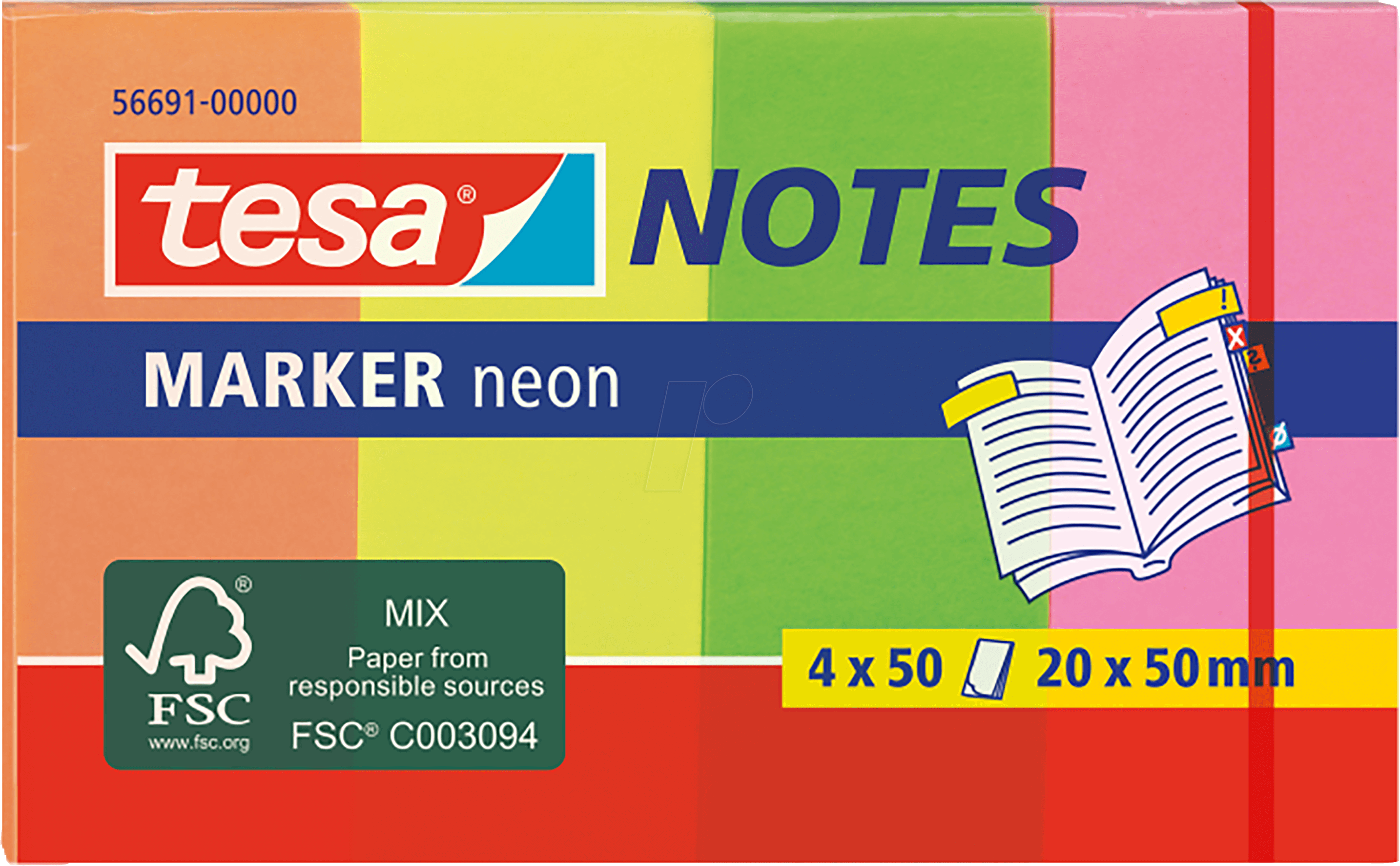 TESA 56691 - Klebezettel, Marker, 20 x 50mm, 4 x 50 Blatt, neon