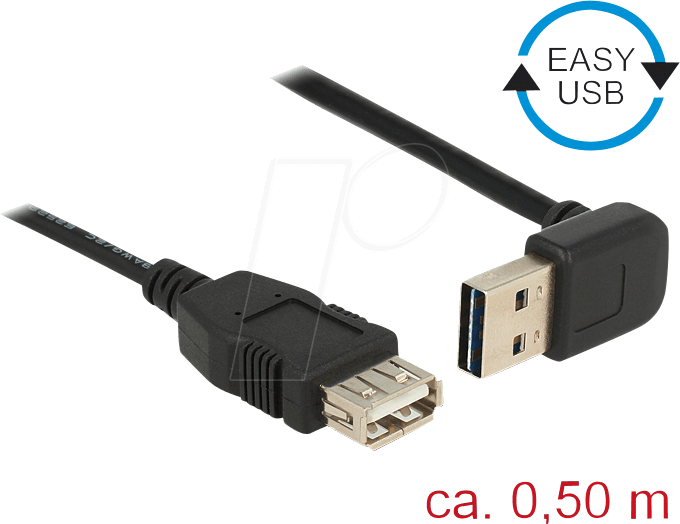 DELOCK 85185 - USB 2.0 Kabel, EASY A Stecker gew. auf A Buchse, 0,5 m, schwarz