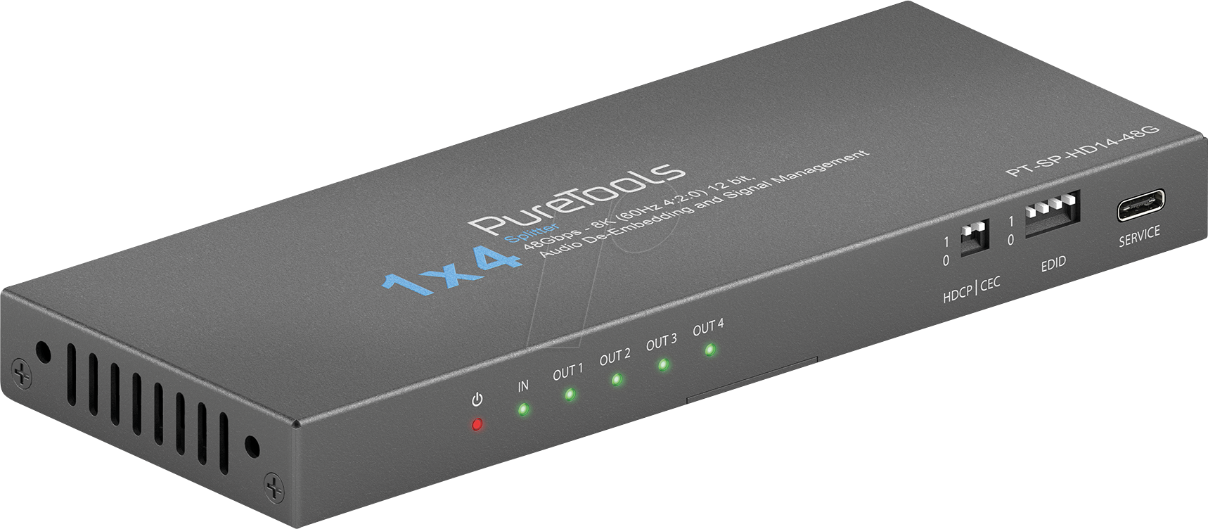 PT-SP-HD14-48G - HDMI Splitter, 4 Port, 8K 60 Hz, Scaler, Audio De-Embedding