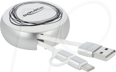 DELOCK 85821 - Sync+Charge, USB A -> micro-B + USB C, 0,92m, aufroll, silber