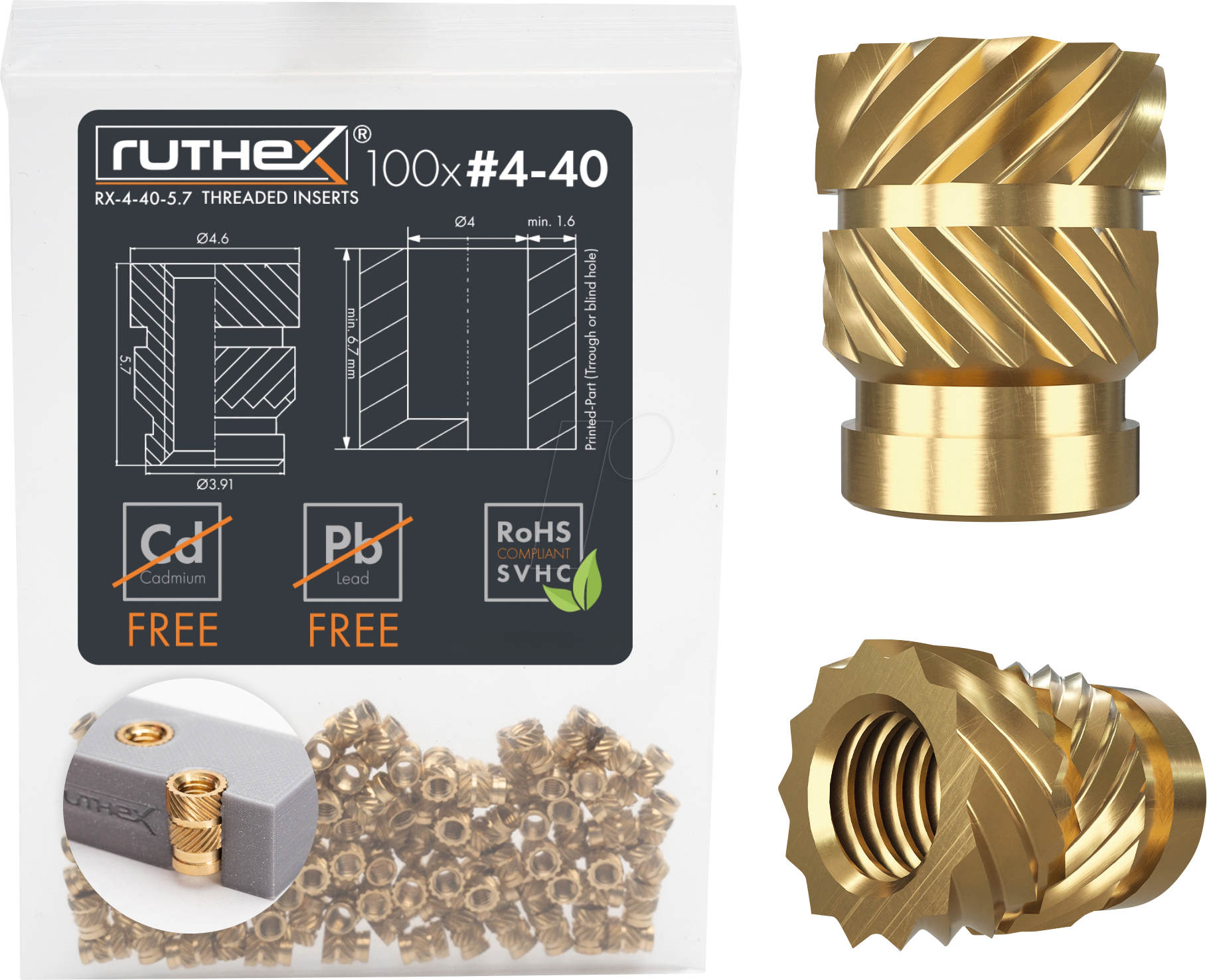 RX-4-40X5.7 - 3D Druck, Gewindeeinsätze, #4-40x5,7, 100 Stück