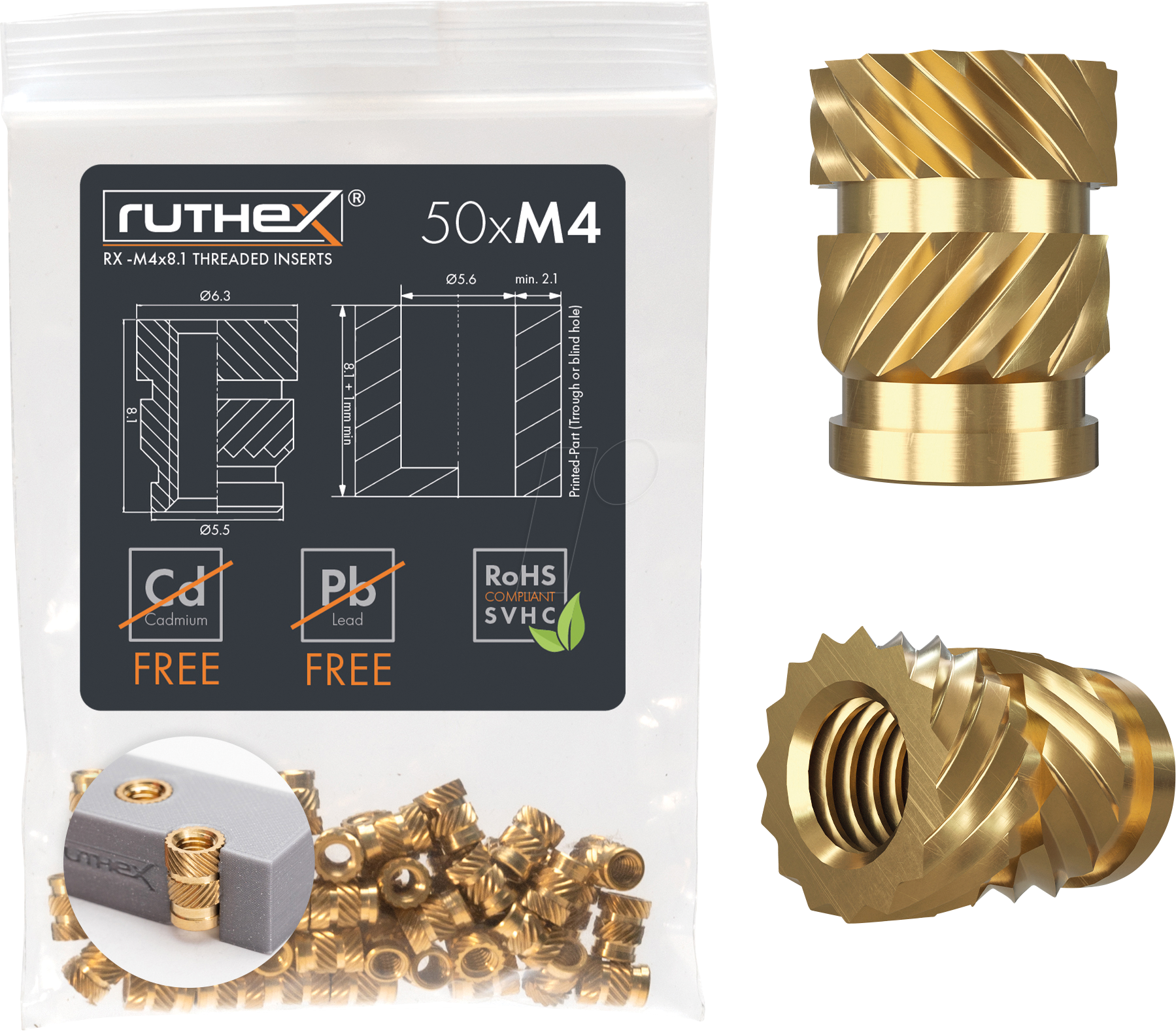 RX-M4X8,1 - 3D Druck, Gewindeeinsätze, M4x8,1, 50 Stück