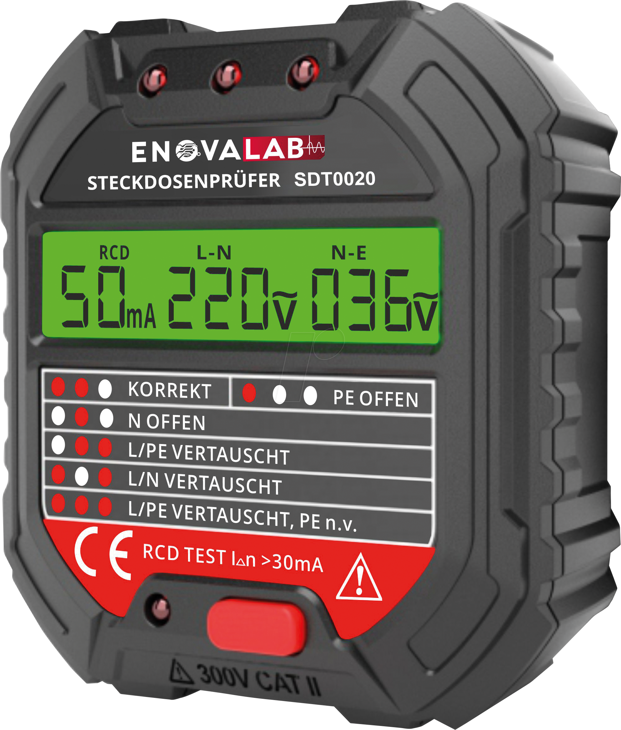 SDT0020 - Steckdosentester mit RCD-Prüfung und LCD