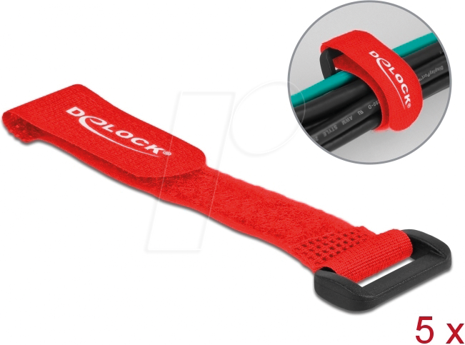 DELOCK 19526 - Klett-Kabelbinder mit Schlaufe L 150 x B 20 mm rot 5 Stück