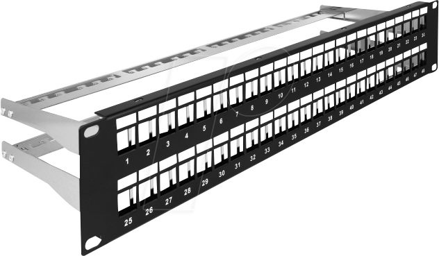 DELOCK 66878 - 19'' Keystone Patchpanel, 48 Port, 2 HE, schwarz, Entlastungsschi