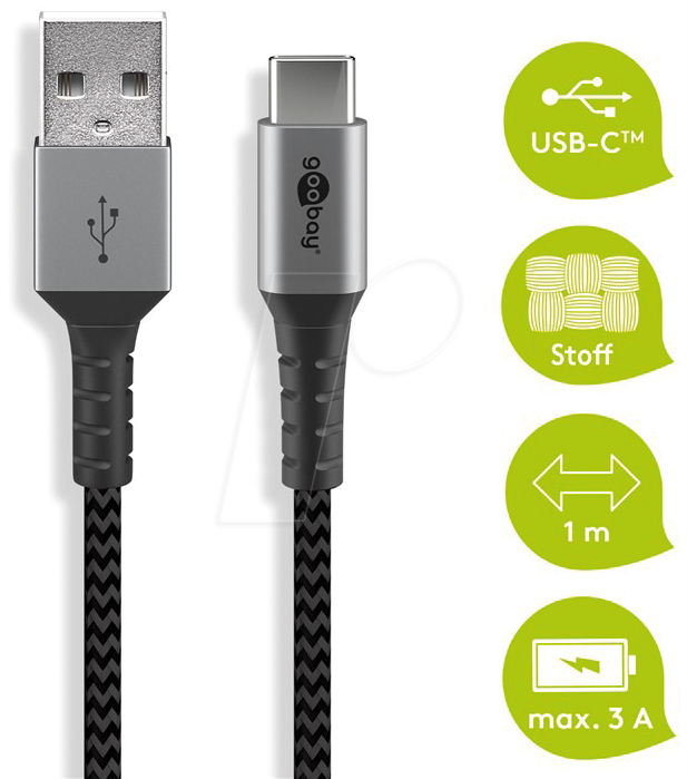 GOOBAY 49296 - Sync- & Ladekabel, USB-A > C, 1,0 m,Textil, schwarz