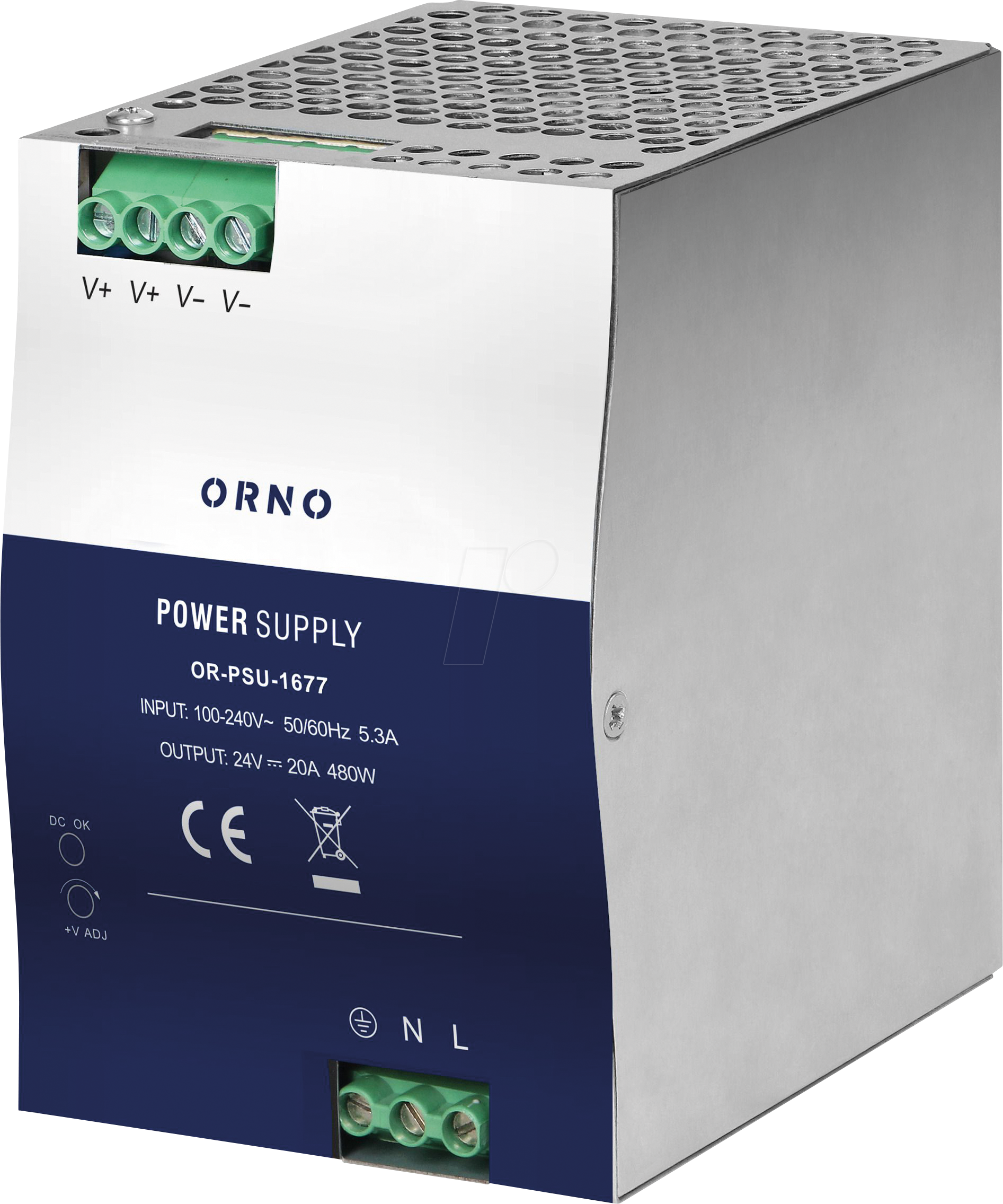 ORNO PSU-1677 - Schaltnetzteil, Hutschiene, 480 W, 24 V, 20 A, Metallgehäuse