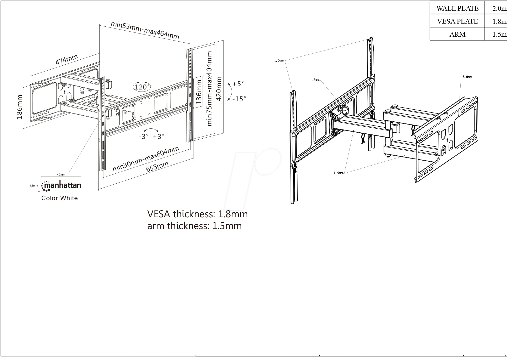 MANHATTAN 461405 - TV-Wandhalterung 13'' - 43'', 20 kg, neig-/schwenkbar