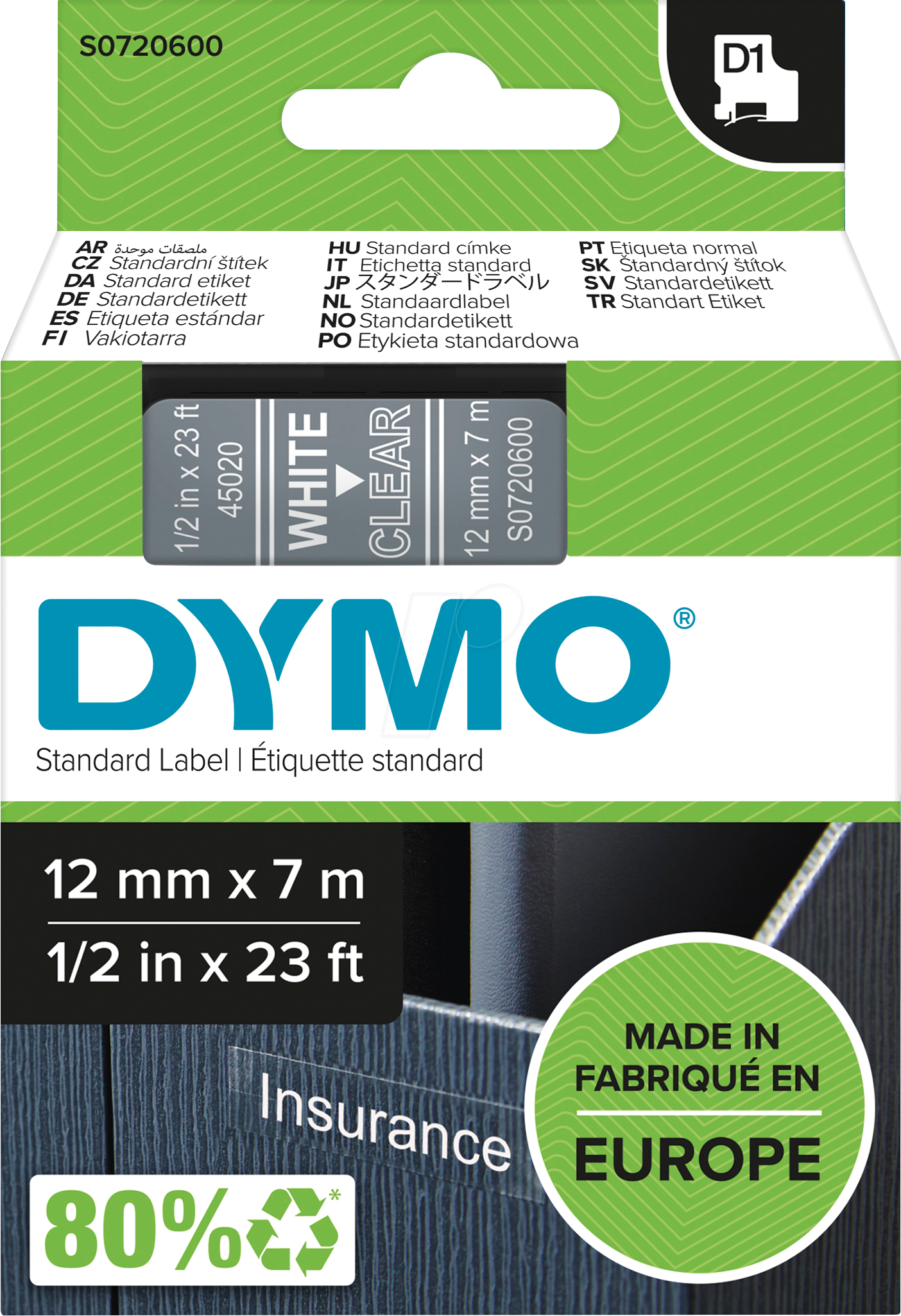 DYMO D1 45020 - DYMO D1 Schriftband, 12mm, weiß/transparent