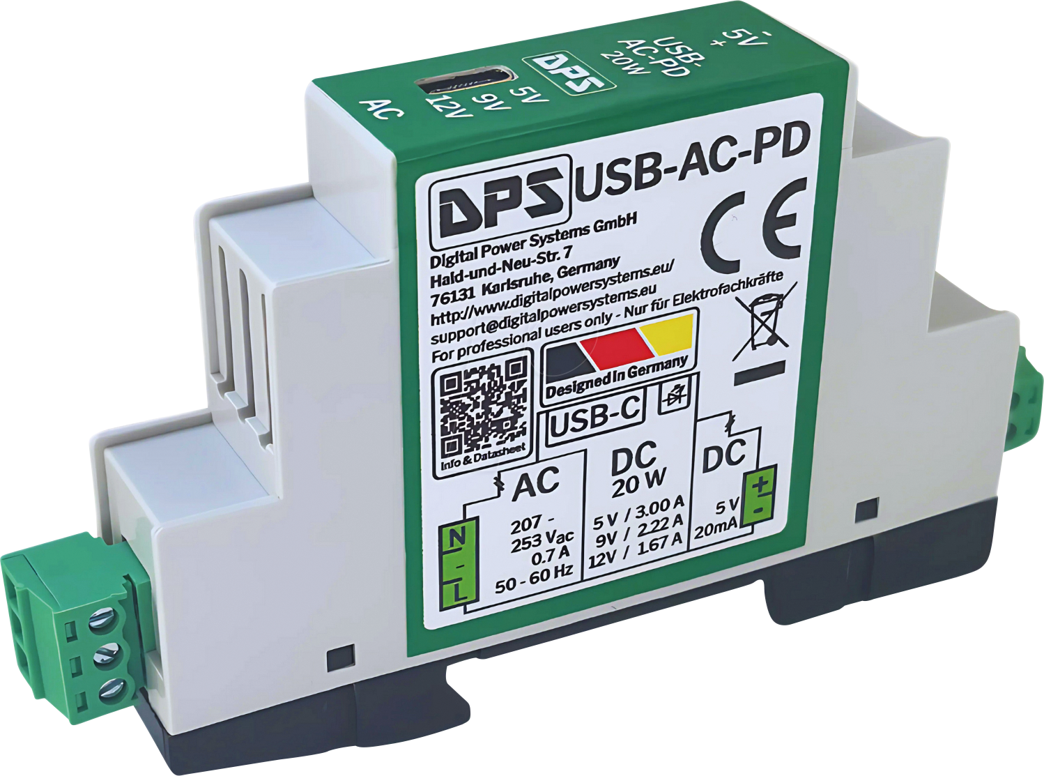 DPS USB-AC-PD - Schaltnetzteil, Hutschiene, 5/9/12 V, 3/2,22/1,67 A, USB-C (PD)