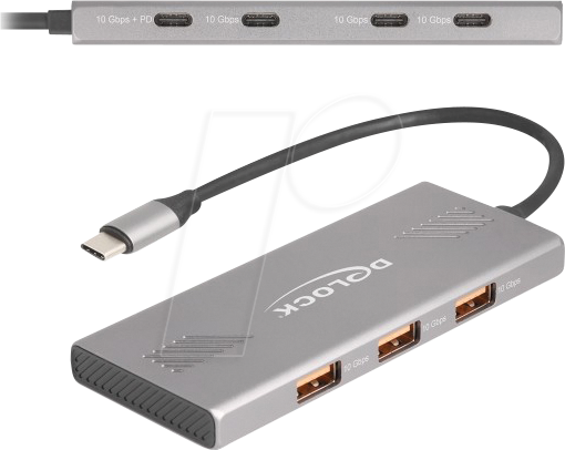 DELOCK 64313 - USB 10 Gbp/s Hub, 7 Port, 4 x USB-C, 3 x USB-A, PD 80 W