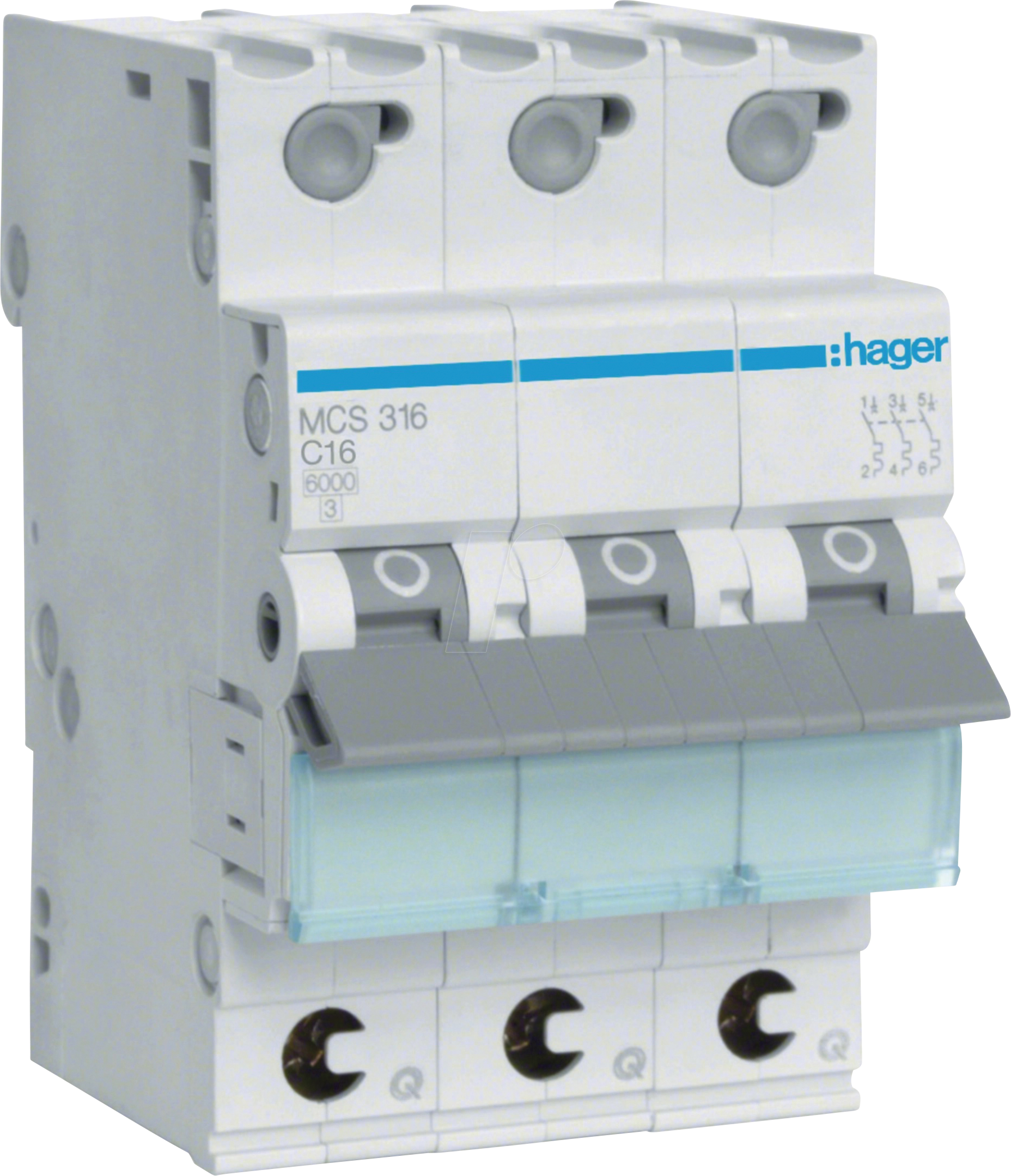 Thumbnail - HAGER MCS316 - Leitungsschutzschalter, 3-polig, 6kA, C-Charakteristik, 16A, 3TE