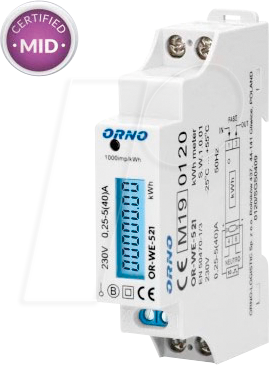 ORNO OR-WE-521 - 1-Phasen-Stromzähler, 40A, MID, 1 TE