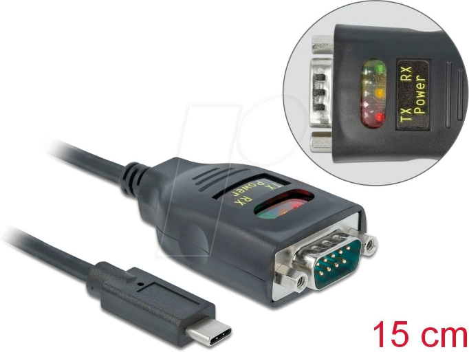 DELOCK 64038 - USB Konverter, C auf RS232, ESD, Status LEDs, 15 cm