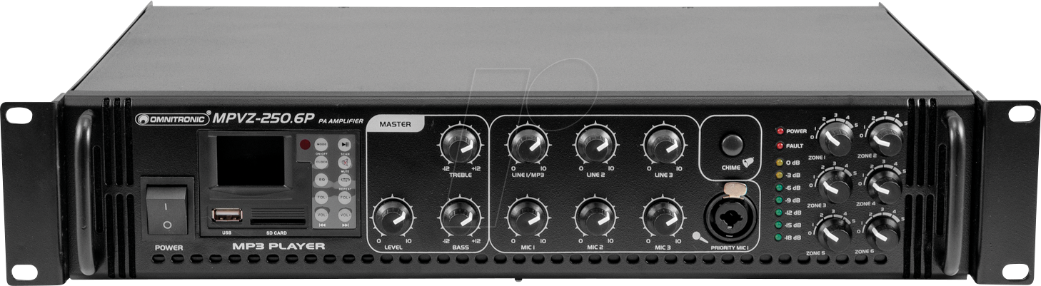 OMNI 80709787 - 6-Zonen-ELA-Mono-Mischverstärker, 250 W, MP3-Player