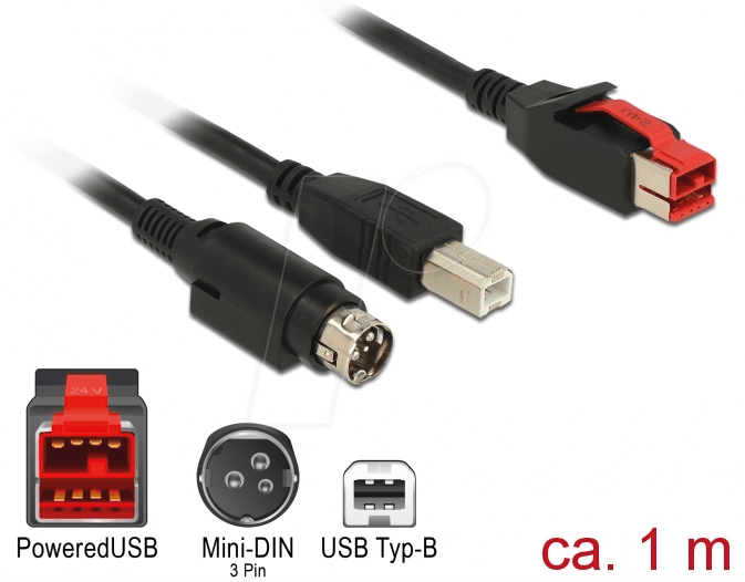 Thumbnail - DELOCK 85487 - PoweredUSB Kabel Stecker 24V > USB B + Mini-DIN 3 Pin, 1 m