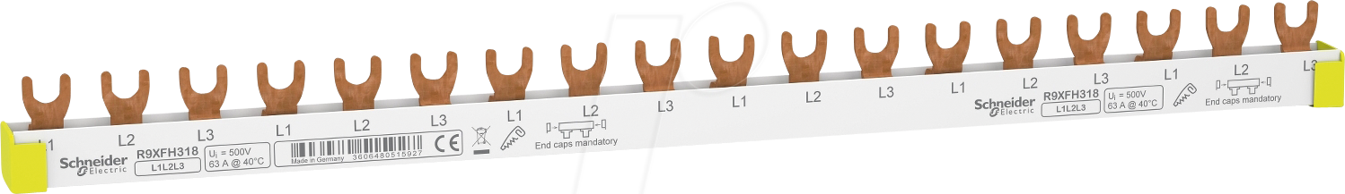 R9XFH318 - Resi9 Phasenschiene Gabel, 3P, 18 TE, 63A, ablängbar