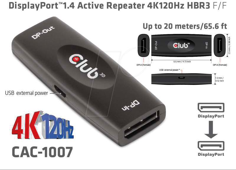 C3D CAC 1007 - DisplayPort 1.4 Repeater, 4K 120 Hz, 20 m