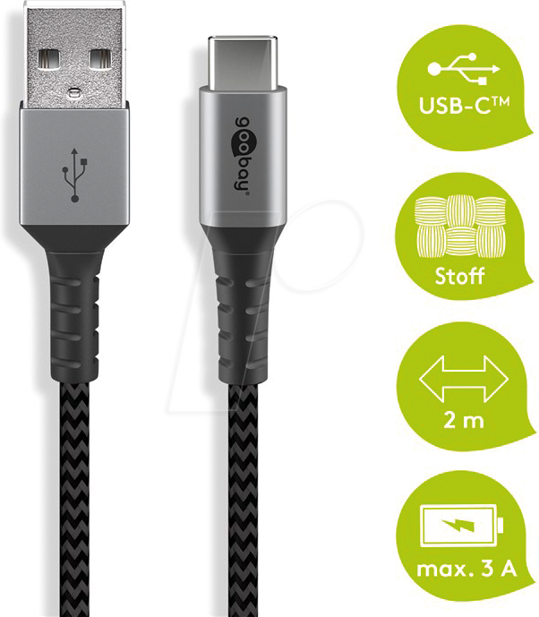 GOOBAY 49297 - Sync- & Ladekabel, USB-A > C, 2,0 m,Textil, schwarz