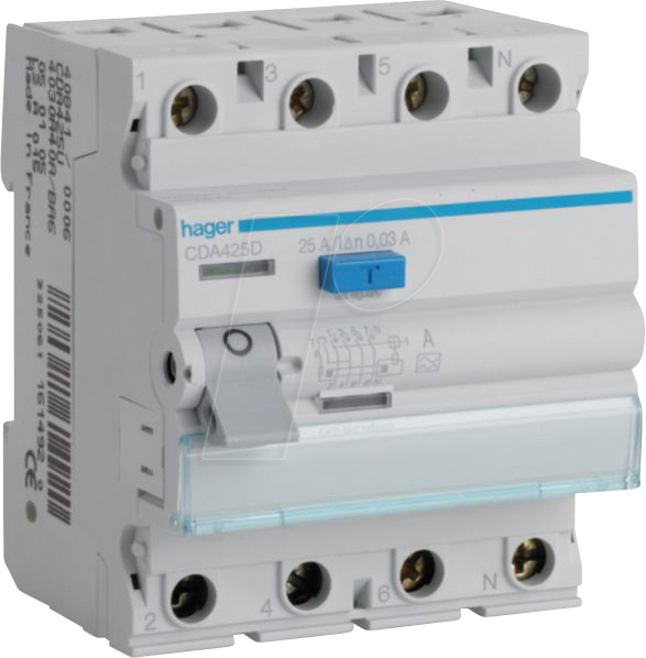 HAGER CDA425D - Fehlerstromschutzschalter 4 polig 6kA 25 A 30mA Typ A