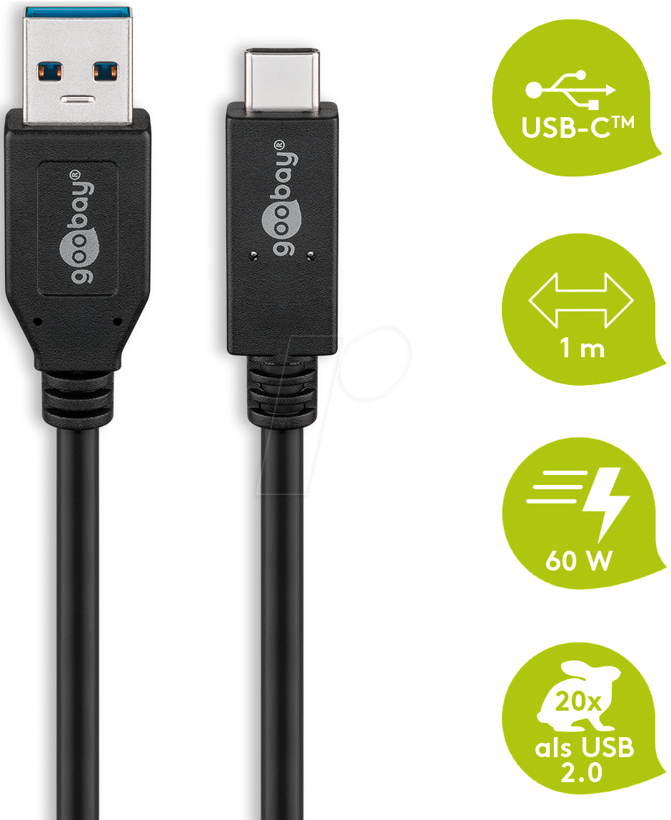 Thumbnail - GOOBAY 41074 - USB 10 Gb/s Kabel, A Stecker auf C Stecker, 1 m, 3A, schwarz