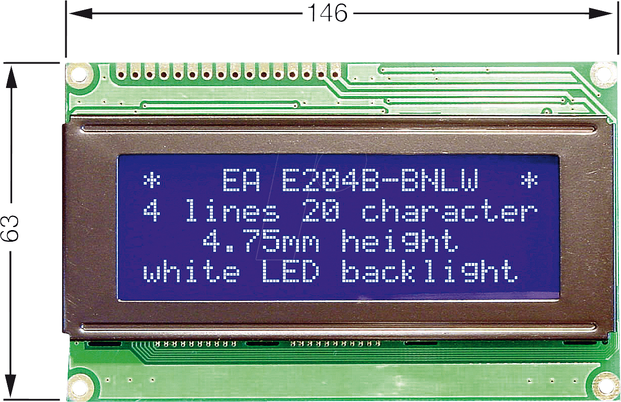 LCD 204T BL - LCD-Modul, 4x20, H:9,2mm, bl/ws, m.Bel.