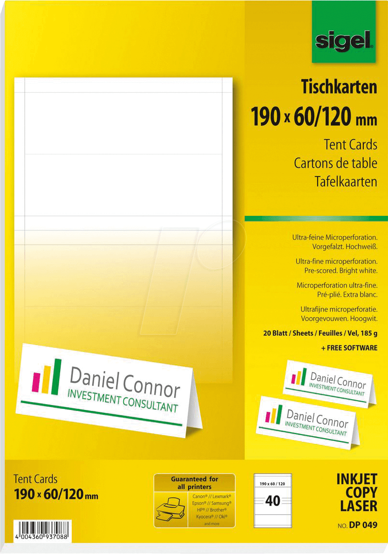SIGEL DP049 - Tischkarten, 190 x 60 mm, 40 Stück, weiß