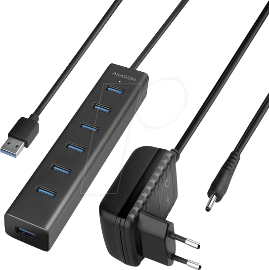 Thumbnail - AXG HUE-SA7BP - USB 3.0, 7-Port Hub, 7xA, USB-A-Kabel, Netzteil, 40 cm