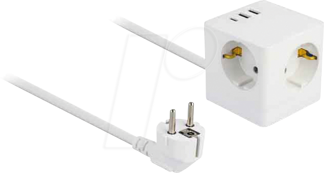 DELOCK 11497 - Steckdosenwürfel, 3-fach, 1,5 m, 1x USB-C, 2x USB-A, weiß