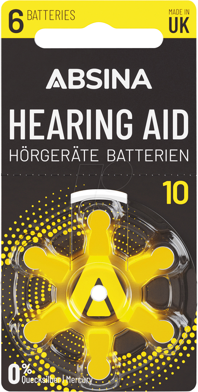 ABSINA AB10 B6 - Hörgerätebatterie, Zink-Luft, 5,80x3,60 mm, Aid 10, 6er-Pack