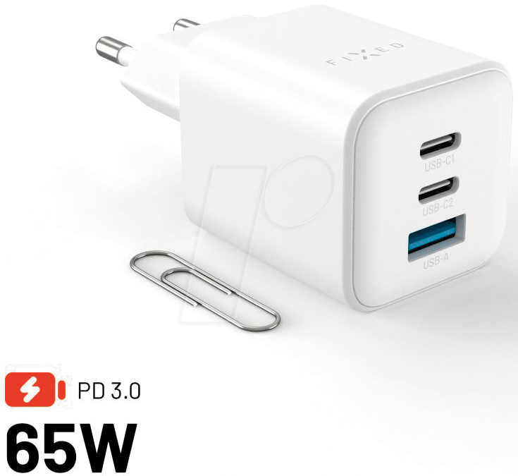 FIXCG65M-2C1A-WH - USB-Ladegerät, 65 W, 5-20 V, 3,25 A, 2x USB-C, 1x USB-A, weiß